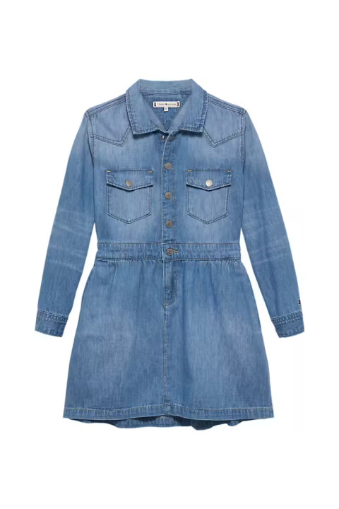 Kız Çocuk Beli Lastikli Gömlek Yaka Denim Elbise - Mavi - Tommy Hilfiger
