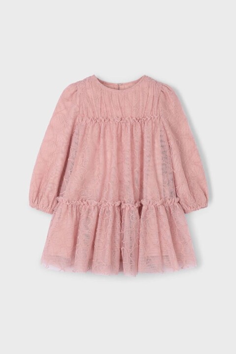 Kız Çocuk Desenli Kat Kat Tül Elbise - Pudra Pembe 