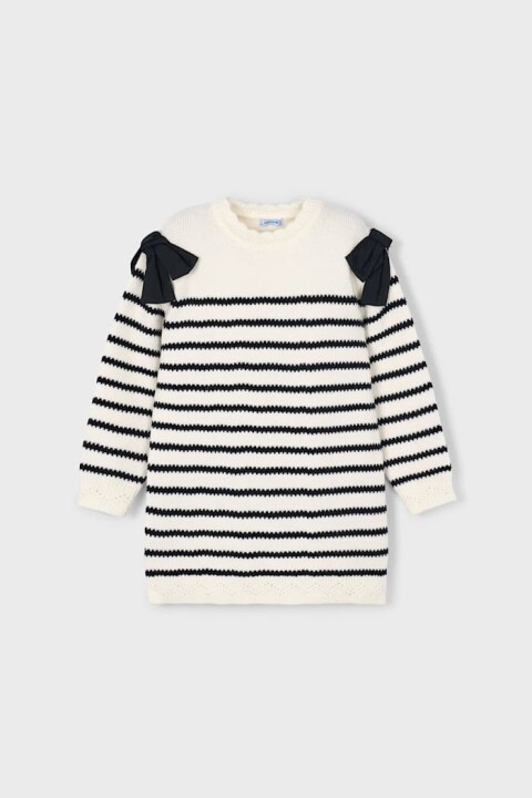 Kız Çocuk Düz Kesim Omuzları Fiyonklu Çizgili Triko Elbise - Krem 