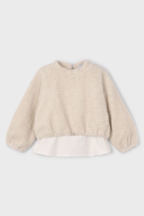 Kız Çocuk Etek Ucu Gömlek Görünümlü Pelüş Sweatshirt - Bej 