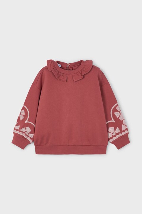 Kız Çocuk Fırfır Yaka Kolları Nakışlı Sweatshirt - Gül Kurusu 