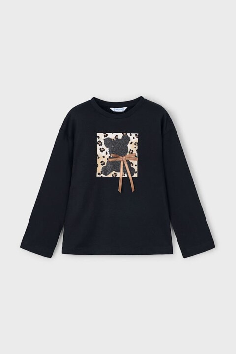 Kız Çocuk Fiyonklu Ayı Baskılı Uzun Kollu T-Shirt - Siyah 