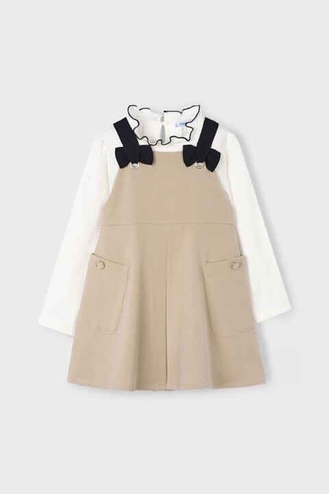 Kız Çocuk Fiyonklu Salopet Elbiseli 2'li Takım - Bej/Ekru - Mayoral