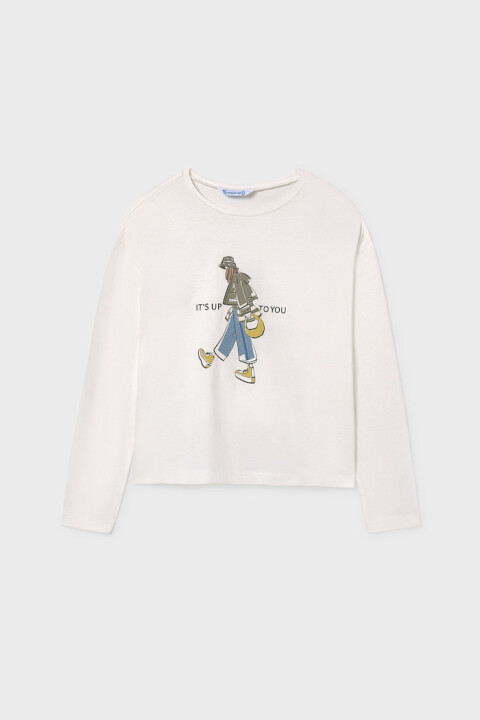 Kız Çocuk Grafik Baskılı Uzun Kollu T-Shirt - Krem 