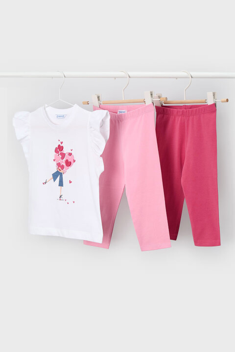 Kız Çocuk Kalp Baskılı 3'lü Tayt ve T-Shirt Takımı - Pembe - Mayoral