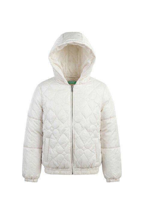 Kız Çocuk Kapüşonlu Kalp Desenli Şişme Mont - Ekru - Benetton