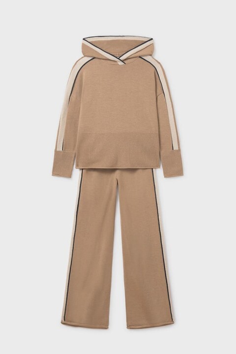 Kız Çocuk Kapüşonlu Yanları Şeritli Triko Takım - Camel - Mayoral
