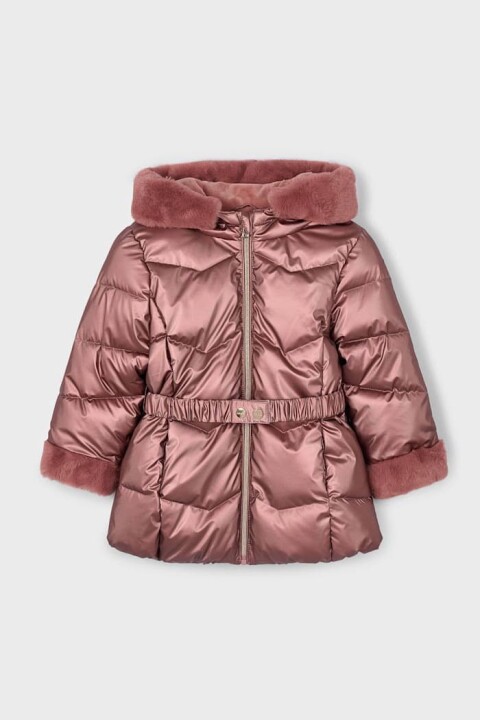 Kız Çocuk Kemerli Kürk Detaylı Kapüşonlu Şişme Mont - Pudra Pembe - Mayoral