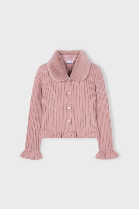 Kız Çocuk Kürk Yakalı Fitilli Triko Hırka - Pudra - Mayoral