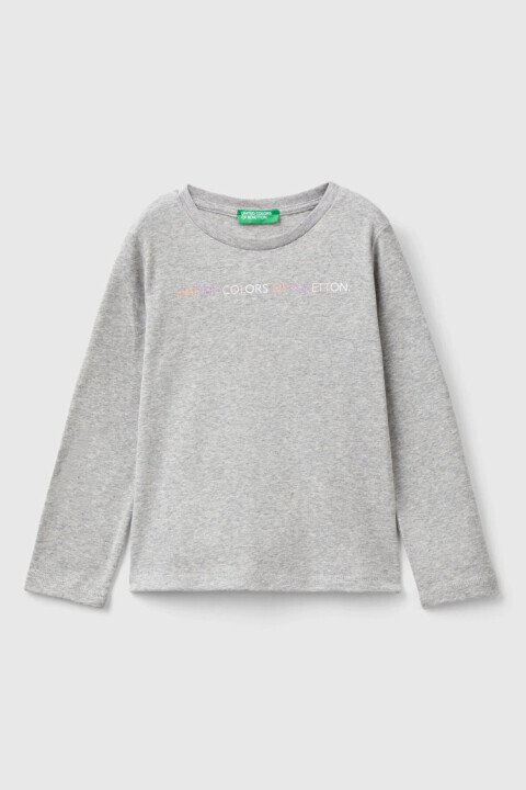Kız Çocuk Logo Baskılı Uzun Kollu T-Shirt - Gri Melanj - Benetton