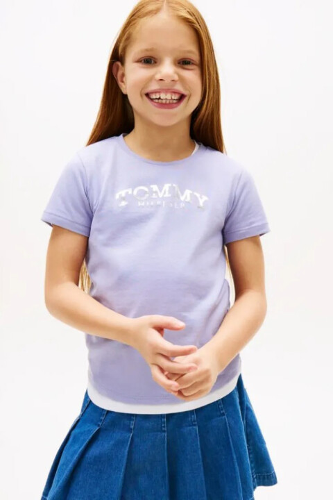 Kız Çocuk Metalik Logolu Dar Kesim T-Shirt - Açık Mor 