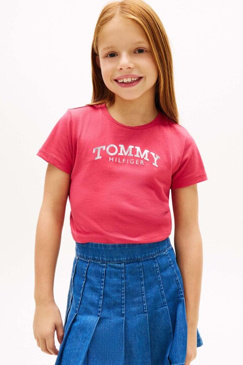 Kız Çocuk Metalik Logolu Dar Kesim T-Shirt - Koyu Pembe - Tommy Hilfiger
