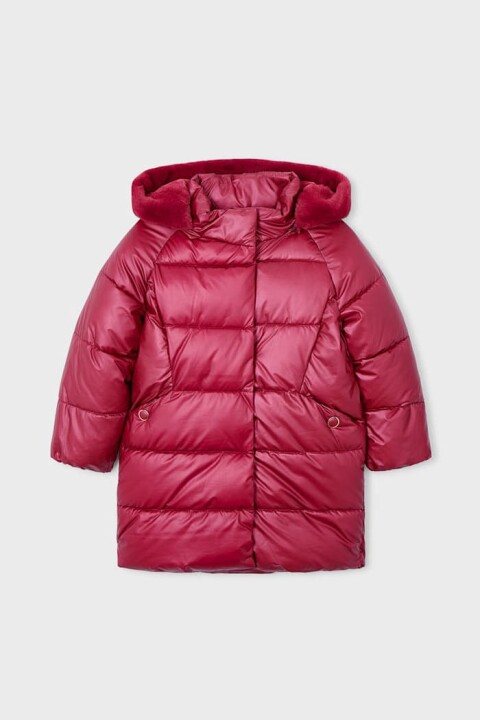 Kız Çocuk Normal Kalıp Kapüşonu Pelüş Astarlı Uzun Şişme Kaban - Vişne 