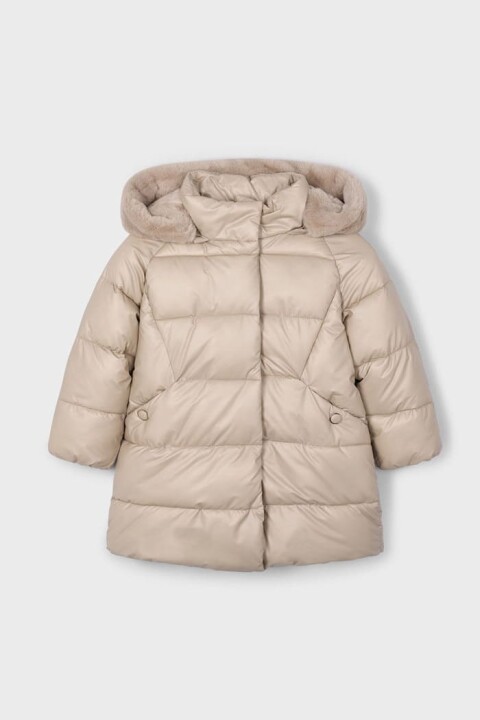 Kız Çocuk Normal Kalıp Kapüşonu Pelüş Astarlı Uzun Şişme Mont - Vizon 