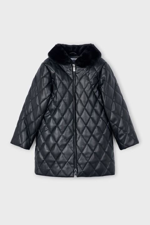 Kız Çocuk Normal Kalıp Pelüş Yaka Baklava Desenli Kapitone Kaban - Siyah - Mayoral