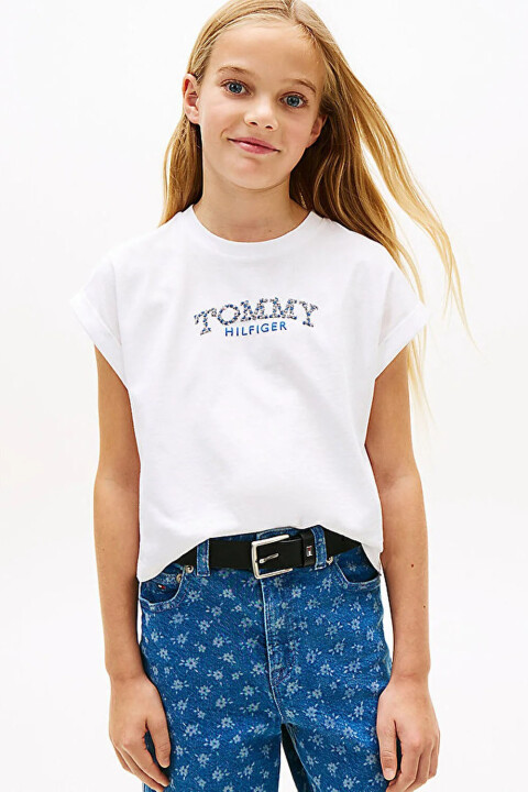 Kız Çocuk Pamuklu Çiçek Desenli Logolu T-Shirt - Beyaz - Tommy Hilfiger