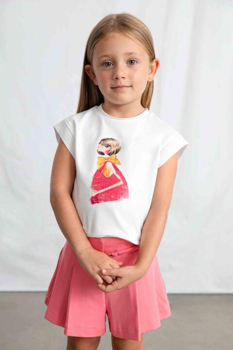 Kız Çocuk Payet Detaylı Figür Baskılı T-Shirt - Beyaz 