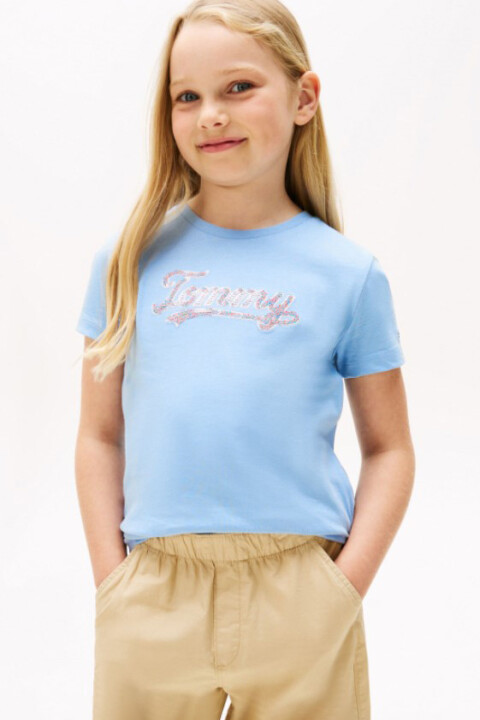 Kız Çocuk Payetli Yazı İşlemeli T-Shirt - Açık Mavi - Tommy Hilfiger