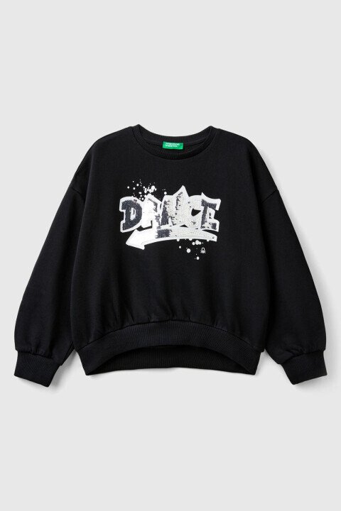 Kız Çocuk Pullu Bisiklet Yaka Sweatshirt - Siyah - Benetton