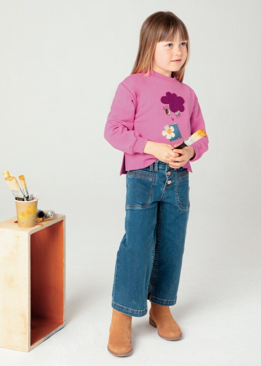 Kız Çocuk Pulover-İşlemeli Sweatshirt Pembe 