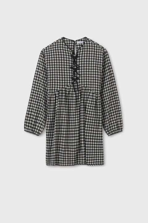 Kız Çocuk Rahat Kalıp Bağcık Detaylı Pötikare Elbise - Siyah - Mayoral