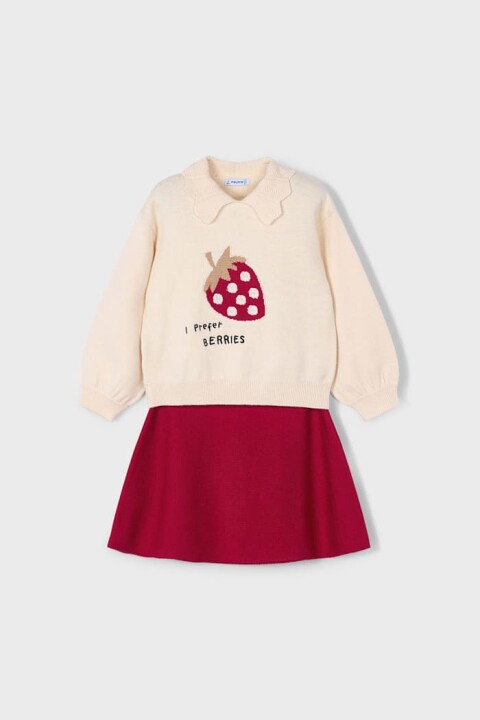 Kız Çocuk Rahat Kalıp Çilek Desenli Kazak ve Etek Takımı - Kırmızı/Krem 