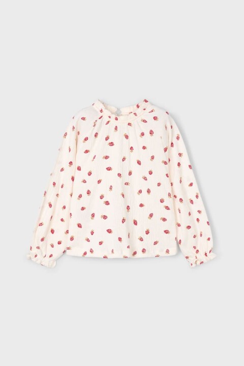 Kız Çocuk Rahat Kalıp Fırfırlı Yaka Çilek Desenli Bluz - Krem - Mayoral