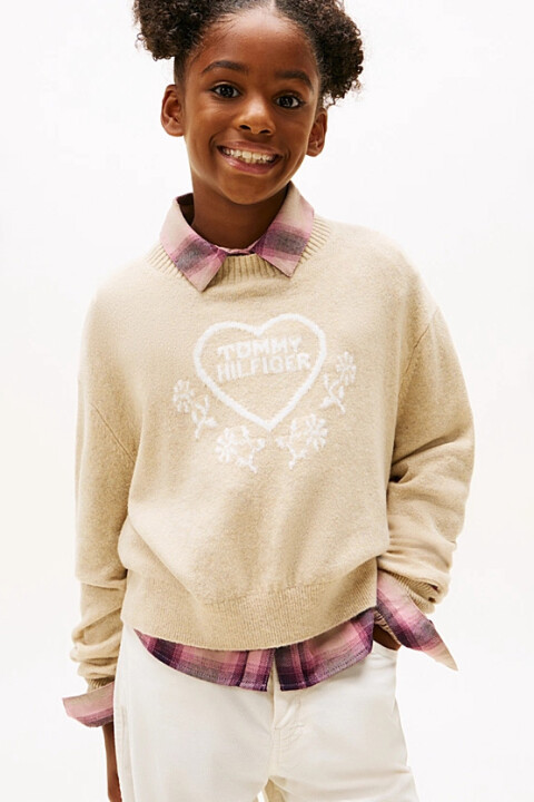 Kız Çocuk Rahat Kalıp Kalp Desenli Triko Kazak - Bej Melanj - Tommy Hilfiger