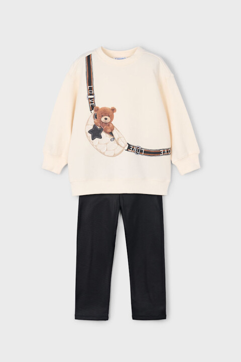 Kız Çocuk Regular Fit Ayıcık Baskılı Sweatshirt ve Tayt Takım - Ekru/Siyah 