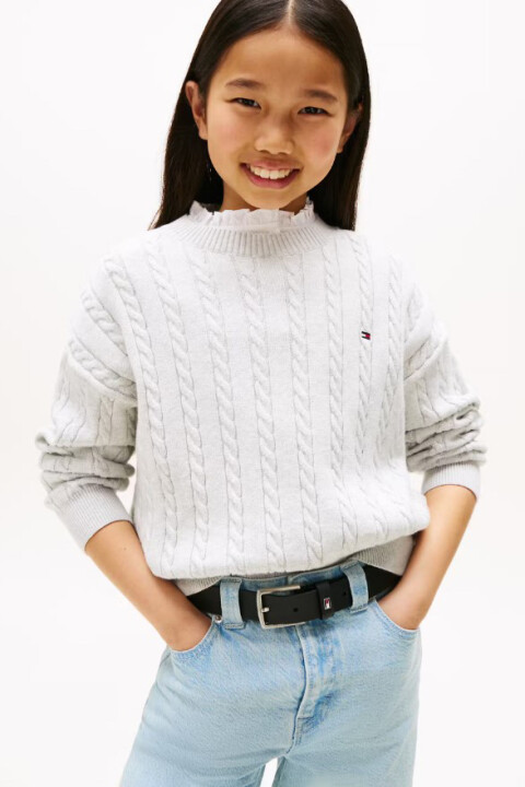 Kız Çocuk Regular Fit Fırfır Yakalı Saç Örgüsü Desenli Triko Kazak - Gri - Tommy Hilfiger