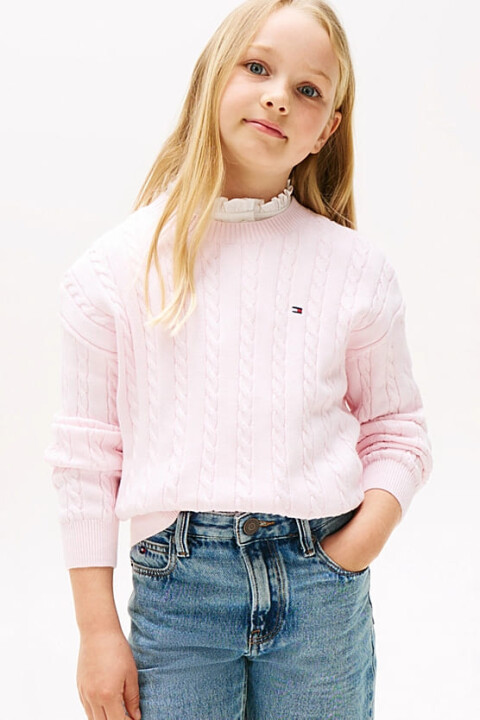 Kız Çocuk Relaxed Fit Saç Örgüsü Desenli Triko Kazak - Pembe - Tommy Hilfiger