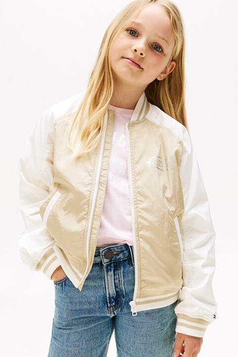 Kız Çocuk Renk Bloklu Kolej Yaka Bomber Ceket - Bej - Tommy Hilfiger