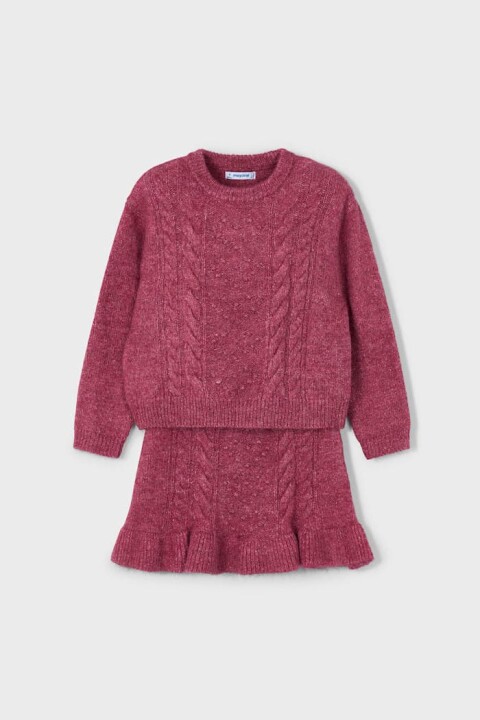Kız Çocuk Saç Örgüsü Desenli Etekli Triko Takım - Vişne - Mayoral
