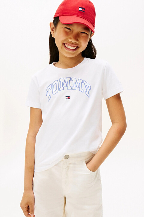 Kız Çocuk Saten Aplikeli Kolej Stili T-Shirt - Beyaz - Tommy Hilfiger