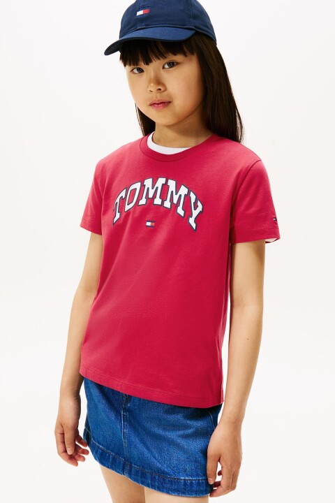 Kız Çocuk Saten Aplikeli Kolej Stili T-Shirt - Kırmızı - Tommy Hilfiger