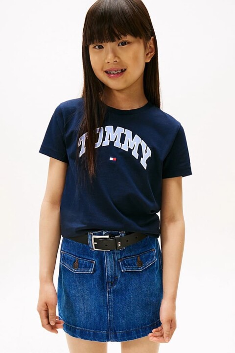 Kız Çocuk Saten Aplikeli Kolej Stili T-Shirt - Lacivert - Tommy Hilfiger