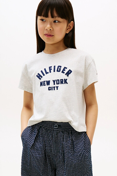 Kız Çocuk Saten Aplikeli T-Shirt - Gri Melanj - Tommy Hilfiger