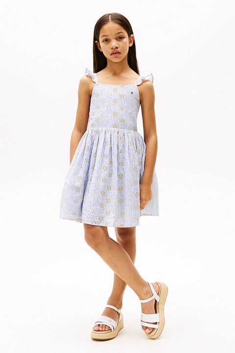 Kız Çocuk Şerit Broderie Anglaise Kolsuz Elbise - Mavi - Tommy Hilfiger