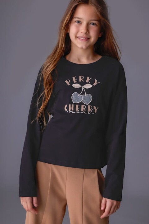 Kız Çocuk Simli Kiraz Baskılı Uzun Kollu T-Shirt - Siyah - Mayoral