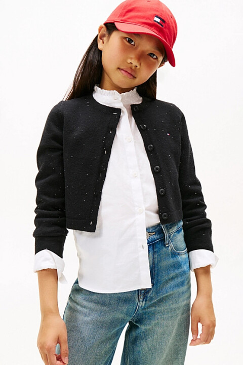 Kız Çocuk Slim Fit Pullu Bisiklet Yaka Hırka - Siyah - Tommy Hilfiger