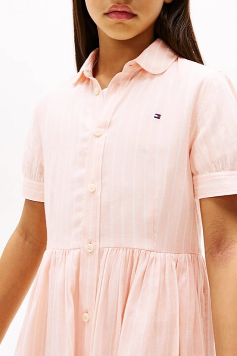 Kız Çocuk Th Çizgili Kısa Kollu Gömlek Elbise - Pudra - Tommy Hilfiger