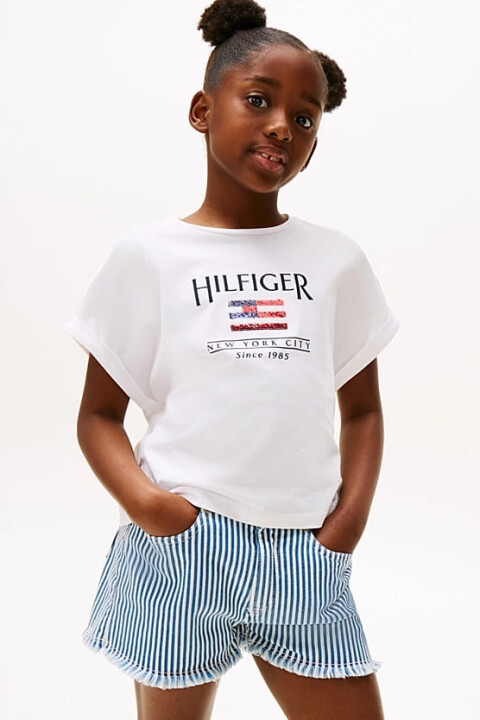 Kız Çocuk Th Hilfiger Sequin Pullu Bayrak T-Shirt - Beyaz - Tommy Hilfiger