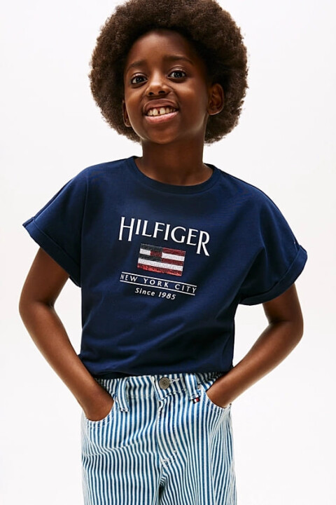 Kız Çocuk Th Hilfiger Sequin Pullu Bayrak T-Shirt - Lacivert - Tommy Hilfiger