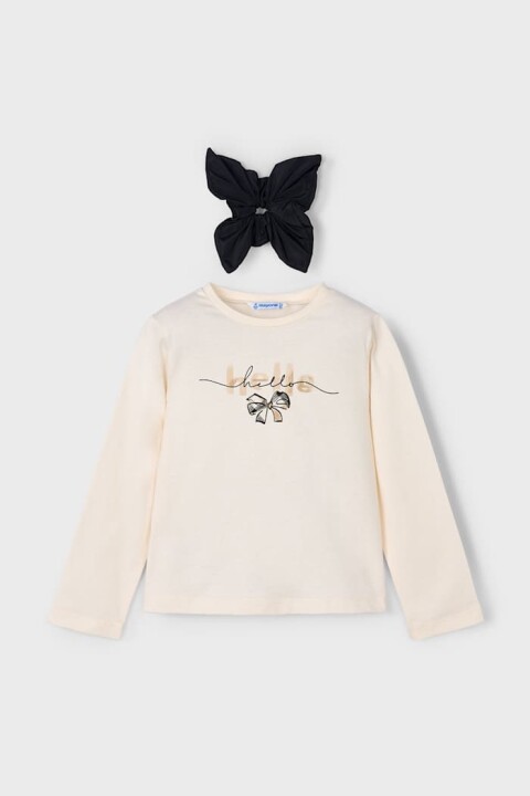 Kız Çocuk Tokalı Baskılı Uzun Kollu T-Shirt - Krem - Mayoral