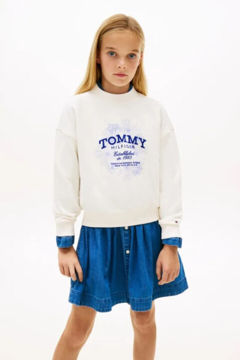 Kız Çocuk Tommy Flock Flower Bisiklet Yaka Sweatshirt - Kırık Beyaz - Tommy Hilfiger