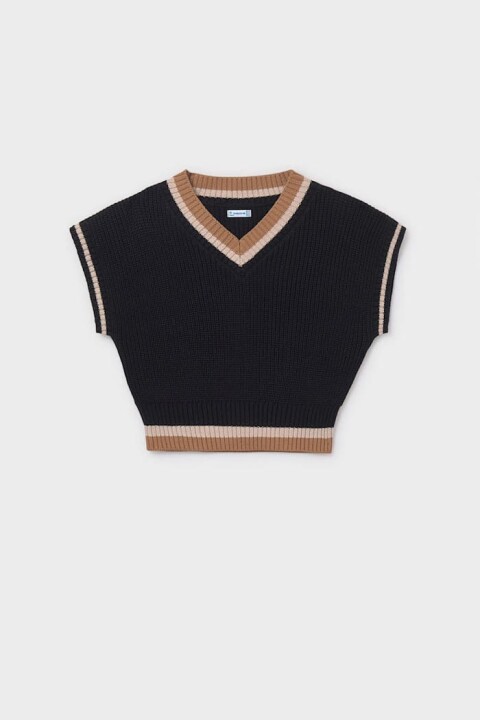 Kız Çocuk V Yaka Kontrast Şeritli Triko Süveter - Siyah - Mayoral