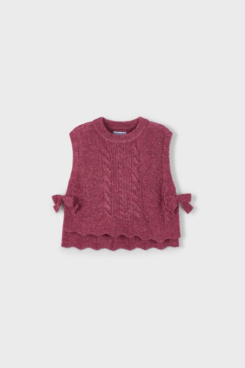 Kız Çocuk Yanları Fiyonklu Saç Örgüsü Desenli Triko Süveter - Vişne 