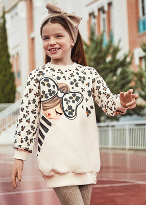 Kız Çocuk Baskılı Sweat Elbise-Bej 