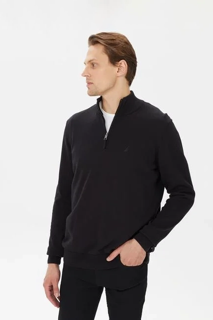 Erkek Fit Dik Yakalı Uzun Kollu Triko - Siyah - Nautica