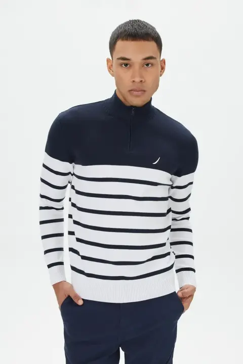 Erkek Standart Fıt Çizgili Dik Yakalı Uzun Kollu Triko Kazak-Lacivert-Beyaz 